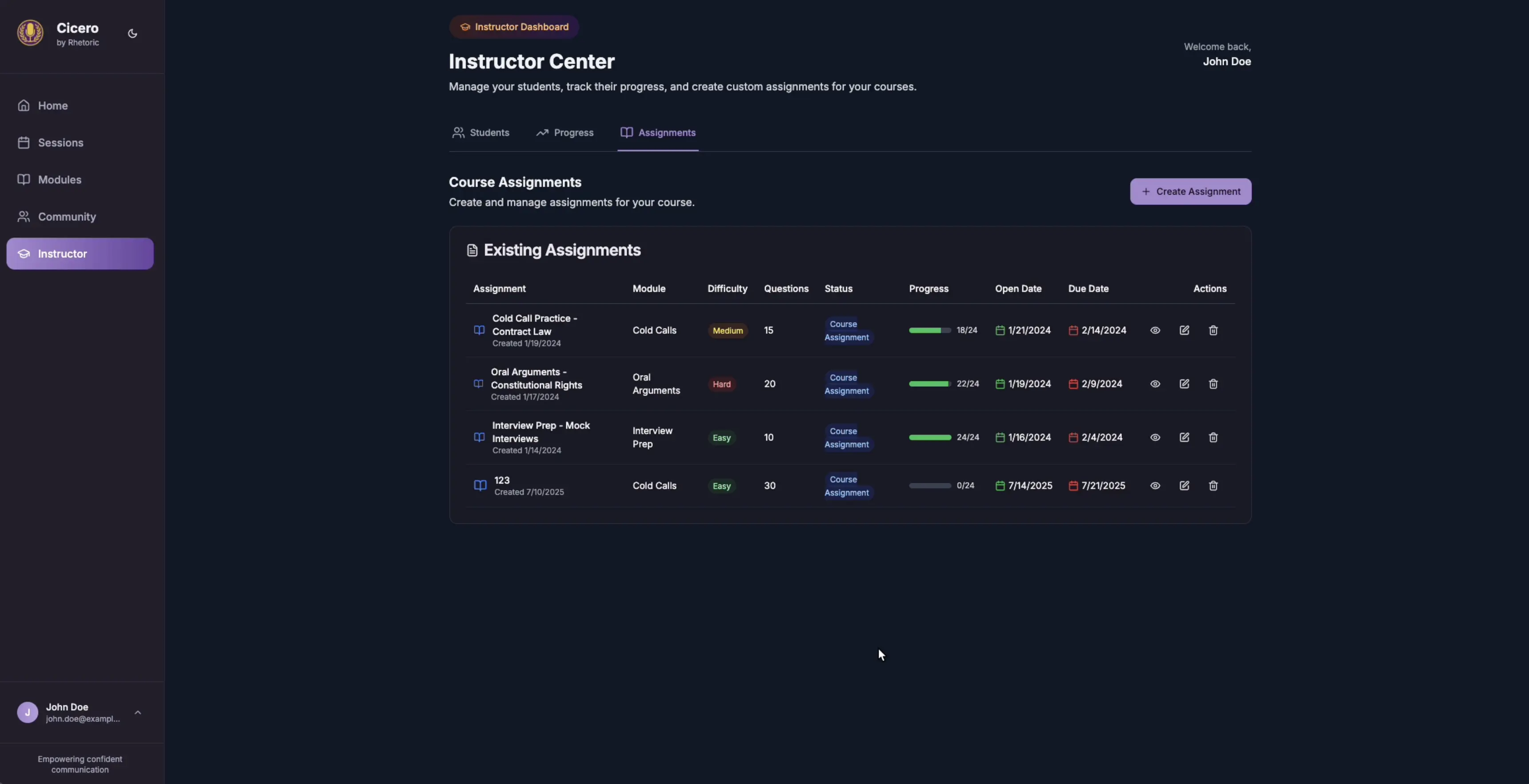 Dashboard showing custom module assignment creation