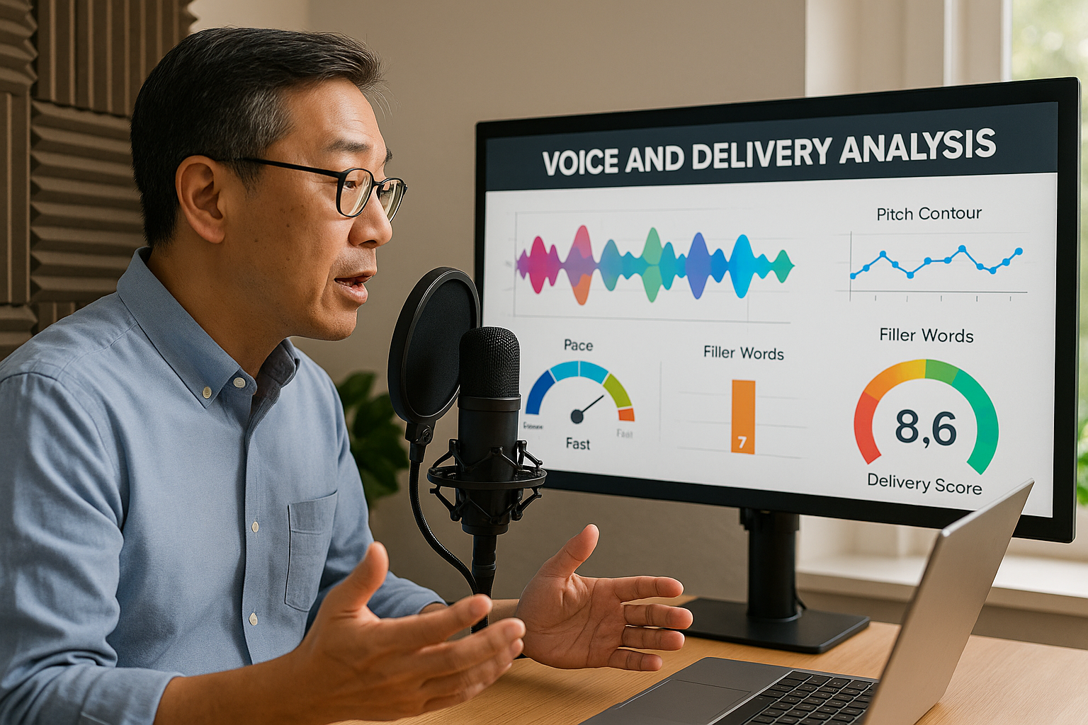 Broadcaster using voice analysis software with detailed metrics